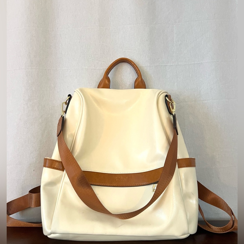 CLUCI | Cream/Tan Backpack w Leather Straps | Shoulder Bag | Handle Bag